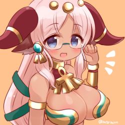 Rule 34 | 1girl, ankh, bad id, bad pixiv id, bespectacled, blue eyes, blush, breasts, cleavage, female focus, glasses, hathor (p&amp;d), large breasts, long hair, looking at viewer, mashiro miru, orange background, pink hair, puzzle &amp; dragons, simple background, solo, twitter username