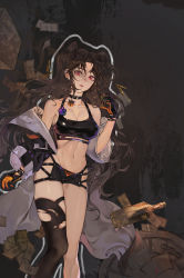 Rule 34 | 1girl, absurdres, bare shoulders, bell, belt, black choker, black coat, black gloves, black hair, black shirt, black shorts, black skirt, black thighhighs, bottle, breasts, bullet, button gap, chest harness, choker, cleavage, coat, collarbone, collared shirt, commission, crop top, ear piercing, garter straps, gloves, grey hair, gun, hand up, handgun, harness, high-waist skirt, highres, hip vent, holding, jingle bell, kirr rr, large breasts, long hair, long sleeves, looking at viewer, medium breasts, micro shorts, midriff, miniskirt, money, navel, off shoulder, open clothes, open coat, open fly, orange panties, original, panties, pencil skirt, piercing, pistol, red eyes, revealing clothes, shirt, shirt tucked in, shorts, sign, single thighhigh, skindentation, skirt, sleeveless, sleeveless shirt, solo, stomach, thighhighs, thighs, torn clothes, two side up, underwear, very long hair, weapon, whip, white shirt, zettai ryouiki