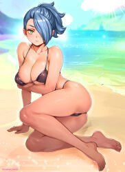 Rule 34 | 1girl, arm support, arm under breasts, bare arms, bare legs, bare shoulders, barefoot, beach, bikini, black bikini, blue hair, breasts, closed mouth, commentary request, day, feet, green eyes, gundam, gundam suisei no majo, hair over one eye, henao jazz, highres, large breasts, looking at viewer, ocean, one eye covered, outdoors, oyaman, sand, shore, short ponytail, sitting, solo, swimsuit, toes, twitter username, yokozuwari