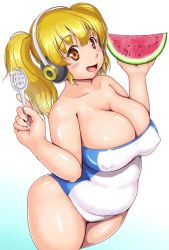 Rule 34 | 1girl, bare shoulders, belly, blonde hair, blush, breasts, casual one-piece swimsuit, cleavage, covered erect nipples, fat, food, fruit, gradient background, headphones, highres, huge breasts, looking at viewer, nitroplus, one-piece swimsuit, open mouth, orange eyes, orizen, plump, short hair, smile, solo, spoon, strapless, strapless one-piece swimsuit, super pochaco, swimsuit, twintails, watermelon