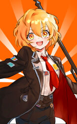 Rule 34 | 1girl, black coat, black pants, blonde hair, coat, collared shirt, cowboy shot, don quixote (project moon), highres, limbus company, long sleeves, looking at viewer, necktie, open mouth, orange background, pants, project moon, red necktie, shirt, short hair, simple background, smile, solo, sunburst, sunburst background, white shirt, wing collar, y0ru73, yellow eyes