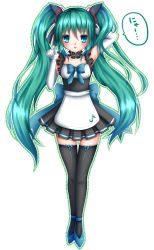 Rule 34 | 1girl, alternate costume, aqua eyes, aqua hair, black thighhighs, bow, choker, dress, elbow gloves, female focus, gloves, hair ornament, hair ribbon, hatsune miku, highres, long hair, looking at viewer, maid, nyan, open mouth, paw pose, ribbon, shitou, simple background, skirt, solo, standing, thighhighs, twintails, very long hair, vocaloid, zettai ryouiki