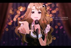 Rule 34 | 1girl, black bow, black jacket, blurry, blurry background, blush, bokeh, bow, brown hair, character name, curtains, depth of field, hair bow, holding, holding microphone, idol, idol clothes, idolmaster, idolmaster million live!, jacket, letterboxed, long hair, looking at viewer, microphone, miyao miya, music, open mouth, red eyes, short sleeves, singing, smile, solo, song name, takumi (scya), thick eyebrows, upper body