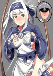 Rule 34 | 1boy, 1girl, admiral (kancolle), blue headband, blue jacket, blush, body switch, breasts, chirashi (so), closed mouth, commentary request, commission, cropped jacket, dress, embarrassed, folded ponytail, grabbing own breast, grey background, hat, headband, highres, jacket, kamoi (kancolle), kantai collection, large breasts, long hair, long sleeves, looking at mirror, military, military hat, military uniform, mirror, mirror image, obi, panties, pelvic curtain, personality switch, sash, sideboob, sideless outfit, skeb commission, sleeveless, sleeveless dress, sweat, thick eyebrows, underwear, uniform, white dress, white hair, white jacket, white panties, wide sleeves, wrist guards