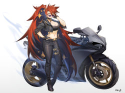 Rule 34 | 1girl, adjusting eyewear, belt, boots, breasts, denim, high heel boots, high heels, jeans, large breasts, leg belt, long hair, looking at viewer, motor vehicle, motorcycle, original, pants, ponytail, red eyes, red hair, shen (snakeping), shipl, simple background, solo, stomach, sunglasses, very long hair, white background