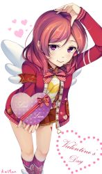 Rule 34 | 10s, 1girl, armband, blush, boots, bow, box, cardigan, hair bow, hair ornament, headset, heart, heart-shaped box, heart hair ornament, highres, kalian, kalian kyaren, kneehighs, long sleeves, looking at viewer, love live!, love live! school idol festival, love live! school idol project, microphone, nail polish, nishikino maki, open cardigan, open clothes, open mouth, outstretched arm, pleated skirt, purple eyes, reaching, reaching towards viewer, red eyes, red hair, short hair, skirt, smile, socks, solo, striped clothes, striped socks, thighhighs, twintails, valentine, wedding, wings