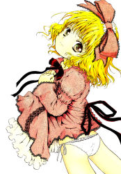 Rule 34 | 00s, 1girl, blonde hair, bow, clothes lift, dress, dress lift, frilled panties, frills, highres, hinaichigo, panties, pink bow, rozen maiden, side-tie panties, solo, underwear, white panties
