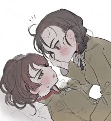 Rule 34 | 2girls, after kiss, blush stickers, braid, braided ponytail, breath, brown hair, brown jacket, chi-hatan school uniform, closed mouth, commentary, from side, girls und panzer, green eyes, hair over shoulder, hair pulled back, hair ribbon, hair rings, hand on another&#039;s face, high collar, highres, hosomi shizuko, jacket, long sleeves, looking at another, medium hair, multiple girls, notice lines, open mouth, red eyes, ribbon, saliva, saliva trail, school uniform, short hair, single braid, sweatdrop, tama launcher, tamada tamaki, white ribbon, yuri