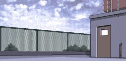 Rule 34 | 1990s (style), 4bpp, akiko gold, aliasing, chain-link fence, cloud, day, door, fence, game cg, ladder, no humans, outdoors, pc98, retro artstyle, rooftop, school, tagme