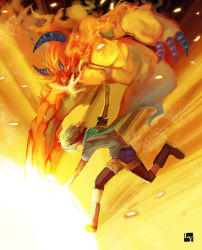 Rule 34 | 1girl, absurdres, boots, club3, fiery hair, fire, gradient hair, highres, horns, ifrit (tales), multicolored hair, orange background, orange theme, pascal (tales), punching, red hair, scarf, tales of (series), tales of graces, white hair