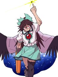 Rule 34 | 1girl, absurdres, arm up, bird wings, black sun, black thighhighs, black wings, bow, brown hair, cape, commentary, eddybird55555, green bow, hair bow, highres, index finger raised, long hair, looking at viewer, red eyes, reiuji utsuho, rod of remorse, short sleeves, simple background, single thighhigh, solo, starry sky print, sun, thighhighs, third eye, touhou, white background, white cape, wings