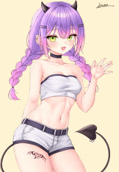 Rule 34 | 1girl, :d, absurdres, alternate costume, bandeau, bare shoulders, belt, black belt, black choker, braid, breasts, choker, contrapposto, cowboy shot, demon girl, demon horns, demon tail, ear piercing, gradient hair, green eyes, hair ornament, hairclip, highres, hololive, horns, leg tattoo, looking at viewer, medium breasts, multicolored hair, navel, open mouth, piercing, pink hair, purple hair, short shorts, shorts, simple background, smile, solo, stomach, strapless, tail, tail ornament, tail piercing, tattoo, tokoyami towa, tube top, twin braids, vini (frisco), virtual youtuber, waving, white bandeau, white shorts