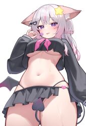 Rule 34 | 1girl, absurdres, animal ears, annytf, black panties, black sailor collar, black skirt, black wings, breasts, candy, commentary, crop top, crop top overhang, deaver, demon tail, demon wings, food, fox ears, fox girl, from below, hair ornament, heart, highleg, highleg panties, highres, holding, holding candy, holding food, holding lollipop, indie virtual youtuber, large breasts, lollipop, long sleeves, looking at viewer, miniskirt, navel, neckerchief, paid reward available, panties, pink neckerchief, pinky out, puffy long sleeves, puffy sleeves, purple eyes, sailor collar, simple background, single wing, skirt, solo, star (symbol), star hair ornament, stomach, tail, thighs, tongue, tongue out, underboob, underwear, virtual youtuber, white background, white hair, wings