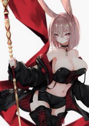 Rule 34 | animal ears, armpits, bad id, bad twitter id, bob cut, breasts, choker, cleavage, collarbone, commentary, cowboy shot, crop top, ear piercing, english commentary, hair between eyes, hair intakes, highres, holding, holding staff, jacket, lace-up thighhighs, large breasts, miniskirt, mole, mole on breast, mole on stomach, mole under eye, narue, navel, off shoulder, open clothes, open jacket, original, pencil skirt, piercing, pink eyes, pink hair, pursed lips, rabbit ears, red flag, simple background, skirt, staff, standing, thighhighs, white background