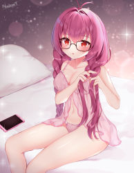 Rule 34 | 1girl, :o, antenna hair, babydoll, bare arms, bare shoulders, bed, black-framed eyewear, braid, breasts, cellphone, character request, cleavage, collarbone, copyright request, glasses, hair intakes, long hair, looking at viewer, medium breasts, naomi (fantasia), navel, on bed, panties, parted lips, phone, pink panties, purple hair, red eyes, sitting, smartphone, solo, stomach, thighs, twin braids, underwear, underwear only
