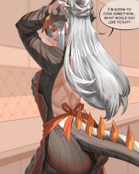 Rule 34 | 1girl, absurdres, alternate costume, alternate hairstyle, apron, arknights, arms up, ass, backless dress, backless outfit, black apron, black dress, black sweater, breasts, cabinet, cowboy shot, dress, english text, from behind, grey hair, hair bun, highres, indoors, kitchen, large breasts, long hair, long sleeves, looking at viewer, looking back, nail polish, najashi, orange nails, orange ribbon, parted lips, red eyes, ribbon, saria (arknights), single hair bun, solo, speech bubble, sweater, sweater dress, tying hair, very long hair