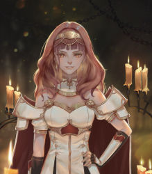 Rule 34 | 1girl, absurdres, artist name, aztodio, black gloves, breasts, candle, celica (fire emblem), corruption, dark persona, earrings, fingerless gloves, fire emblem, fire emblem echoes: shadows of valentia, fire emblem heroes, gloves, glowing, gold hairband, hairband, hand on own hip, highres, jewelry, looking down, nintendo, orange eyes, red hair, small breasts, smirk