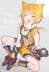 Rule 34 | 1girl, animal ears, animal hands, artist name, bell, belt, blonde hair, blush, breasts, butterfly sitting, cat ears, cat tail, cleavage, commentary request, fur trim, gradient background, grey background, hair ornament, hairclip, happy birthday, highres, hiyori (princess connect!), jingle bell, medium breasts, midriff, navel, open mouth, princess connect!, sho bu 1116, short hair, shorts, sitting, smile, solo, tail