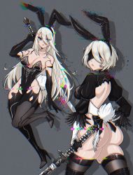 Rule 34 | 2girls, abottleofstars, adapted costume, animal ears, black blindfold, blindfold, breasts, cleavage, fake animal ears, fake tail, feather-trimmed sleeves, glitch, grey background, high heels, highres, leotard, looking at viewer, mole, mole under mouth, multiple girls, nier (series), nier:automata, playboy bunny, rabbit ears, rabbit tail, silver hair, strapless, strapless leotard, tail, thighhighs, 2b (nier:automata), a2 (nier:automata)
