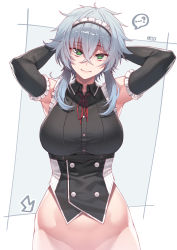 Rule 34 | + +, ..., 1girl, ?, armpits, arms up, arrow (symbol), black shirt, bottomless, breasts, closed mouth, collared shirt, commentary, cowboy shot, detached sleeves, expressionless, green eyes, grey background, groin, hair between eyes, head tilt, highres, jjune, large breasts, lips, looking at viewer, maid headdress, medium hair, neck ribbon, original, out-of-frame censoring, red ribbon, ribbon, shirt, sidelocks, silver hair, simple background, solo, spoken ellipsis, spoken question mark, white background, wing collar