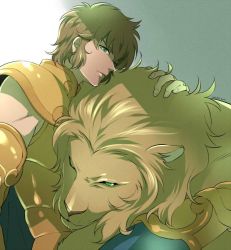 Rule 34 | 1boy, animal, armor, brown hair, dated, gold armor, gold saint, green eyes, jpeg artifacts, leo aiolia, lion, looking at viewer, male focus, one eye closed, saint seiya, shade, signature, simple background, sitting, upper body, wand3754