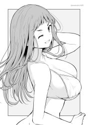 Rule 34 | 1girl, bikini, blunt bangs, breasts, clenched teeth, grey background, greyscale, highres, kichihachi, large breasts, long hair, looking at viewer, monochrome, one eye closed, original, simple background, smile, solo, swimsuit, teeth, twitter username, two-tone background, white background
