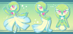 Rule 34 | artist name, blush, bob cut, colored skin, creatures (company), dress, game freak, gardevoir, gen 3 pokemon, green hair, highres, looking at viewer, multicolored skin, multiple views, nintendo, open mouth, own hands together, parted lips, pink eyes, pokemon, pokemon (creature), smile, star (symbol), two-tone skin, white dress, white skin, yatsunote