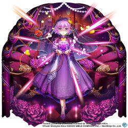 Rule 34 | 1girl, alternate costume, closed mouth, commentary, copyright name, copyright notice, crystal ball, dress, english commentary, flower, full body, game cg, heart, indoors, komeiji satori, komeiji satori (midnight mentalist), looking at viewer, pink eyes, pink hair, purple dress, purple eyes, purple footwear, rose, rotte (1109), shaded face, short hair, solo, star (symbol), third-party source, third eye, touhou, touhou lostword, veil