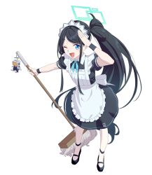 Rule 34 | 1girl, ;), ;d, absurdly long hair, apron, aqua halo, aris (blue archive), aris (maid) (blue archive), black footwear, black hair, blue archive, blue eyes, blue halo, broom, collared dress, dress, frilled apron, frills, full body, halo, highres, holding, holding broom, long hair, looking at viewer, maid, maid apron, maid headdress, official alternate costume, one eye closed, open mouth, ponytail, puffy short sleeves, puffy sleeves, rectangular halo, salute, short dress, short sleeves, sidelocks, simple background, smile, solo, standing, swept bangs, ult one, very long hair, white apron, white background