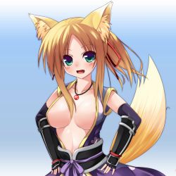 Rule 34 | 10s, 1girl, animal ears, blonde hair, blush, breasts, cleavage, colorized, dog days, dog ears, dog tail, fang, fingerless gloves, fox ears, fox tail, gloves, green eyes, highres, japanese clothes, nar, nigo (aozoragarou), open clothes, open mouth, solo, tail, yukikaze panettone