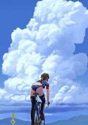 Rule 34 | 1girl, ass, back, bicycle, bike jersey, bikini, bikini bottom only, blue panties, blue sky, blue thighhighs, brown hair, cloud, crop top, day, dimples of venus, fingerless gloves, from behind, from below, gloves, helmet, highres, hitomi kazuya, long hair, motion lines, mountain, original, outdoors, panties, ponytail, riding, road sign, sign, skindentation, sky, solo, swimsuit, thighhighs, twitter username, underwear
