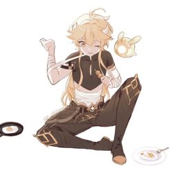 Rule 34 | 1boy, aether (genshin impact), ahoge, bandaged arm, bandaged head, bandages, blonde hair, boots, egg, egg (food), food, fork, frying pan, genshin impact, hair down, holding, holding food, long hair, male focus, mouth hold, one eye closed, pants, plate, seelie (genshin impact), short sleeves, simple background, sitting, sui25jiyuu, sunny side up egg, twitter username, white background, yellow eyes