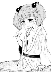 Rule 34 | 1girl, blush, breasts, bucket, closed mouth, fingernails, fundoshi, greyscale, highres, himajin noizu, japanese clothes, kimono, kisume, looking at viewer, medium hair, monochrome, open clothes, open kimono, short twintails, simple background, small breasts, smile, solo, thumbs up, touhou, twintails, water, wet, wet clothes, white background, wooden bucket