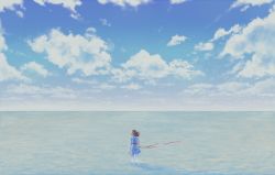 Rule 34 | 1girl, blue dress, blue sky, brown hair, cloud, cloudy sky, commentary, day, dress, facing away, from behind, horizon, long hair, long sleeves, ocean, original, outdoors, ribbon, sky, solo, soup-plz, standing, wading, water surface, water world