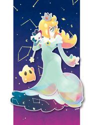Rule 34 | 1girl, 3drod!, blonde hair, blue background, blue eyes, border, brooch, collarbone, covered navel, crown, dress, earrings, gradient background, hand up, jewelry, lips, long hair, luma (mario), mario (series), nintendo, purple background, rosalina, solo, space, star-shaped pupils, star (sky), star (symbol), super mario galaxy, symbol-shaped pupils, thick lips, wand, white border