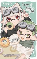 Rule 34 | 1boy, 1girl, :d, :o, border, commentary, dot nose, doughnut, eyewear on head, food, green background, green hair, grey scarf, happy birthday, highres, holding, holding food, inkling, inkling boy, inkling girl, inkling player character, looking at viewer, medium hair, nintendo, open mouth, pointy ears, red eyes, scarf, short hair, smile, splatoon (series), symbol-only commentary, upper body, w, white border, white hair, yellow eyes, yn uo0