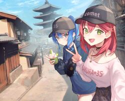 Rule 34 | 2girls, bare shoulders, black headwear, blue hair, blue hoodie, blue nails, casual, green eyes, heart, heart necklace, high ponytail, highres, holding, hololive, hood, hoodie, hoshimachi suisei, house, japan, jewelry, looking at viewer, multiple girls, necklace, off-shoulder shirt, off shoulder, outdoors, pink hair, pink nails, sakura miko, selfie, shirt, smile, v, vacation, virtual youtuber, xyunx