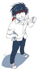 Rule 34 | 1boy, black hair, clenched hand, grin, inohara masato, little busters!, male focus, misaki juri, monochrome, school uniform, short hair, smile, solo, spiked hair