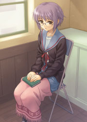 Rule 34 | 1girl, blanket, blue hair, blue sailor collar, blue skirt, book, brown cardigan, brown eyes, cardigan, chair, commentary request, glasses, hida tatsuo, indoors, kita high school uniform, looking at viewer, nagato yuki, open cardigan, open clothes, parted lips, red ribbon, revision, ribbon, sailor collar, school uniform, serafuku, short hair, sitting, skirt, solo, suzumiya haruhi no yuuutsu