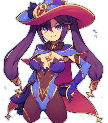 Rule 34 | 1girl, blue hat, breasts, cape, cleavage, closed mouth, commentary request, genshin impact, hair between eyes, hand on own hip, hat, long hair, looking at viewer, medium breasts, metata, mona (genshin impact), narrow waist, pantyhose, purple eyes, purple hair, simple background, smile, solo, twintails, white background, witch hat