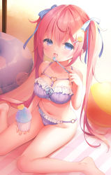 Rule 34 | 1girl, bare arms, bare shoulders, barefoot, bikini, blue bow, blue eyes, blush, bow, breasts, commentary request, cup, disposable cup, food, frilled bikini, frills, hair between eyes, hair bow, hair ornament, hairclip, heart, heart o-ring, highres, holding, holding spoon, innertube, long hair, looking at viewer, medium breasts, navel, o-ring, o-ring bikini, o-ring bottom, original, pink hair, purple bikini, shaved ice, shell hair ornament, sitting, solo, spoon, swim ring, swimsuit, tongue, tongue out, twintails, usashiro mani, very long hair, wariza