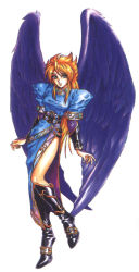 Rule 34 | 1990s (style), 1girl, angel wings, black wings, blonde hair, boots, breasts, breath of fire, breath of fire ii, capcom, dress, full body, green eyes, large breasts, legs, long hair, long legs, nina (breath of fire ii), no panties, official art, retro artstyle, side slit, solo, standing, thighs, white background, wings, yoshikawa tatsuya