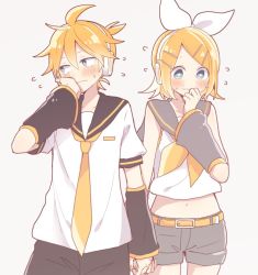 Rule 34 | 1boy, 1girl, blonde hair, blush, brother and sister, embarrassed, hair ornament, hair ribbon, holding hands, incest, kagamine len, kagamine rin, looking away, navel, ribbon, siblings, suzumi (fallxalice), sweat, twincest, twins, vocaloid