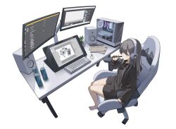 Rule 34 | 1girl, absurdres, barefoot, black hoodie, black shorts, can, chair, commentary request, computer, computer tower, drawing tablet, drinking straw, grey eyes, grey hair, headphones, highres, holding, holding stylus, hood, hood down, hoodie, computer keyboard, long hair, long sleeves, monitor, computer mouse, office chair, on chair, original, puffy long sleeves, puffy sleeves, recursion, shii (kairi-t-k0317), short shorts, shorts, simple background, sitting, sleeves past wrists, solo, speaker, stylus, swivel chair, table, v-shaped eyebrows, white background