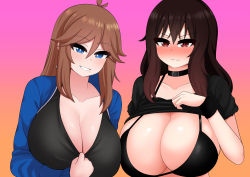 Rule 34 | 2girls, blue eyes, blush, breasts, brown hair, cleavage, gradient hair, heavy (the only shoe), highres, huge breasts, long hair, mole, mole under mouth, multicolored hair, multiple girls, original, presenting, red eyes, the only shoe, tisha tsuu