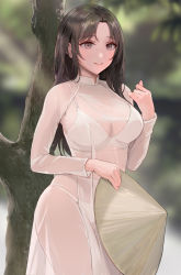 Rule 34 | 1girl, absurdres, aodai, arms up, blurry, bra, bra visible through clothes, bralines, breasts, brown eyes, brown hair, chowbie, cleavage, commentary, cowboy shot, dress, english commentary, hand up, hat, unworn hat, unworn headwear, highres, holding, holding clothes, holding hat, large breasts, long hair, long sleeves, original, outdoors, panties, parted bangs, parted lips, see-through, simple background, smile, solo, standing, tree, underwear, vietnamese clothes, vietnamese dress, white bra, white dress