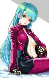 Rule 34 | 1girl, anagumasan, belt, blue hair, bodysuit, breasts, cleavage, gloves, highres, jacket, kula diamond, long hair, looking at viewer, medium breasts, no bra, open clothes, open jacket, purple eyes, simple background, smile, snk, solo, the king of fighters, unzipping, white background, zipper