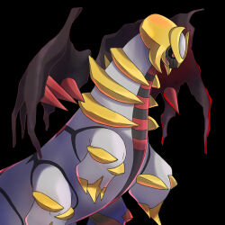 Rule 34 | asatsuki (fgfff), black background, black sclera, colored sclera, commentary request, creatures (company), game freak, gen 4 pokemon, giratina, giratina (altered), highres, legendary pokemon, looking down, nintendo, no humans, open mouth, pokemon, pokemon (creature), red eyes, simple background, solo, spikes