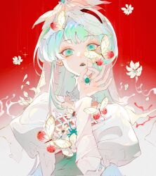 Rule 34 | 1girl, aegyo sal, blush, bug, butterfly, butterfly hair ornament, cirrika, colored tongue, eyelashes, flower, green eyes, green hair, green tongue, hair flower, hair ornament, hand up, highres, holding, insect, lace, lips, long hair, long sleeves, looking at viewer, neck ruff, open hand, original, parted lips, puffy sleeves, red background, sidelocks, silk, simple background, sparkle, spider, spider web, square, veil, white flower, white sleeves, white veil, wispy bangs