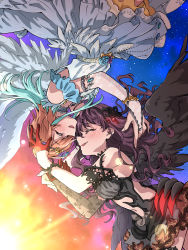 Rule 34 | 2girls, :d, arm strap, ayunyan pere, backless dress, backless outfit, black wings, blue flower, blue hair, blue rose, blush, bridal gauntlets, brown hair, detached sleeves, dress, closed eyes, floating hair, flower, gem, gloves, half gloves, head wreath, highres, ichinose shiki, idolmaster, idolmaster cinderella girls, layered dress, long hair, long sleeves, midriff, multicolored hair, multiple girls, navel, ninomiya asuka, open mouth, red flower, red gemstone, red gloves, red rose, revealing clothes, rose, sky, smile, star (sky), starry sky, stomach, two-tone hair, white dress, white sleeves, white wings, wings
